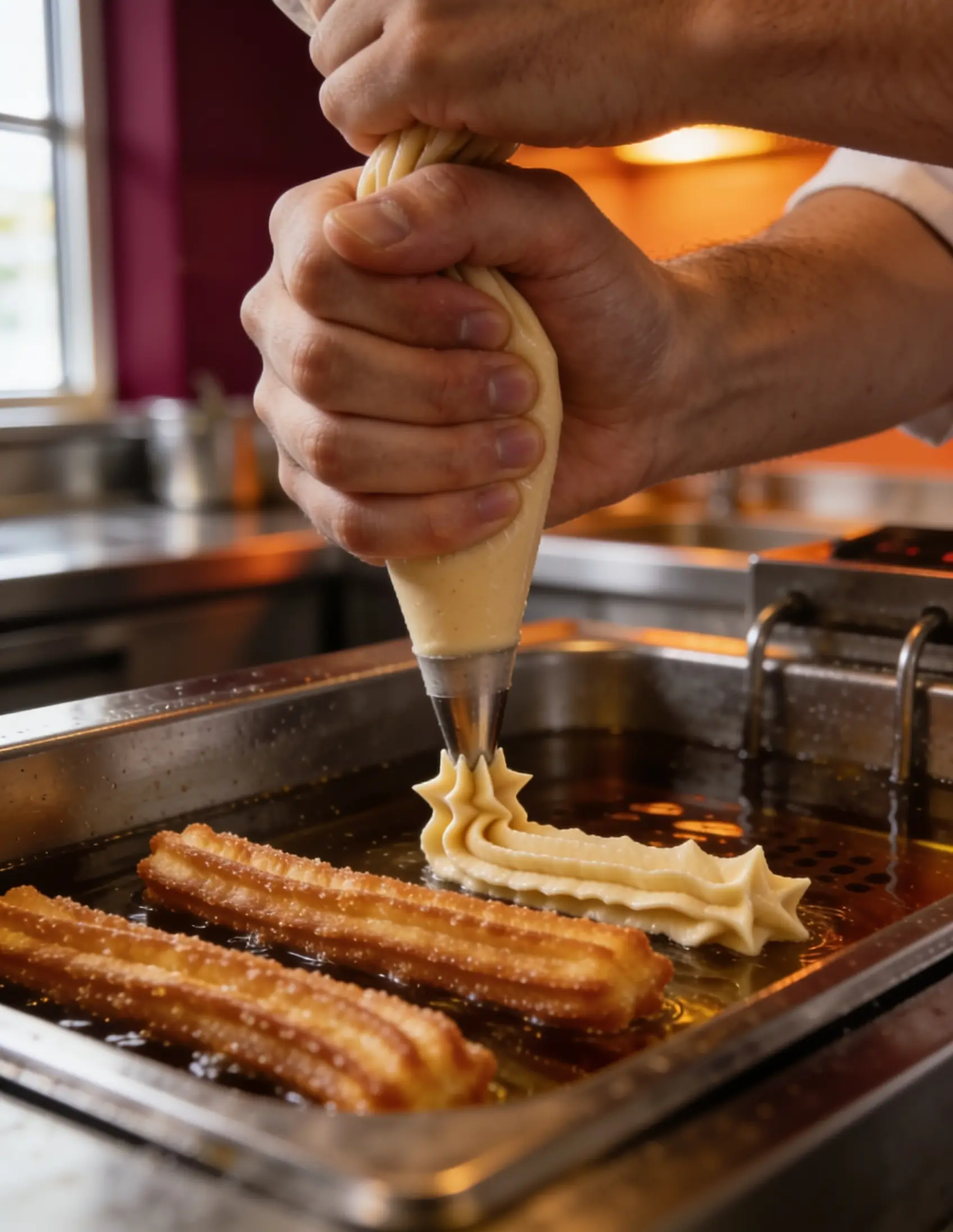 Mãos modelando a massa de churros na cozinha profissional